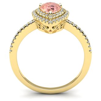 1 Carat Pear Shape Morganite and Double Halo Diamond Ring In 14 Karat Yellow Gold