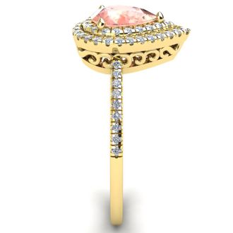 1 Carat Pear Shape Morganite and Double Halo Diamond Ring In 14 Karat Yellow Gold