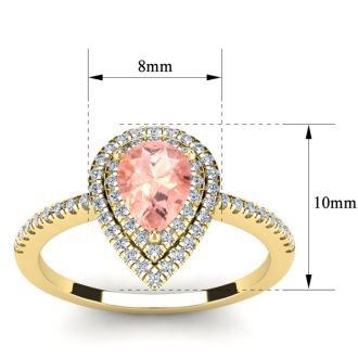 1 Carat Pear Shape Morganite and Double Halo Diamond Ring In 14 Karat Yellow Gold