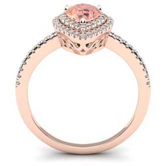 1 Carat Pear Shape Morganite and Double Halo Diamond Ring In 14 Karat Rose Gold