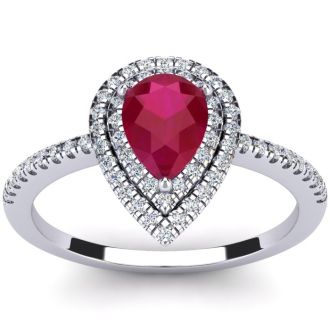 1 Carat Pear Shape Ruby and Double Halo Diamond Ring In 14 Karat White Gold
