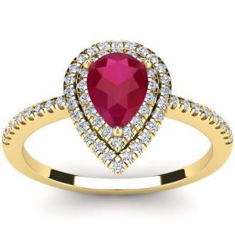 1 Carat Pear Shape Ruby and Double Halo Diamond Ring In 14 Karat Yellow Gold