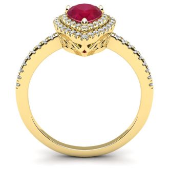 1 Carat Pear Shape Ruby and Double Halo Diamond Ring In 14 Karat Yellow Gold