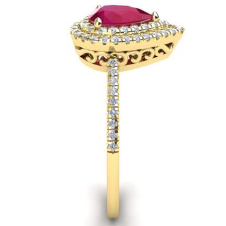 1 Carat Pear Shape Ruby and Double Halo Diamond Ring In 14 Karat Yellow Gold