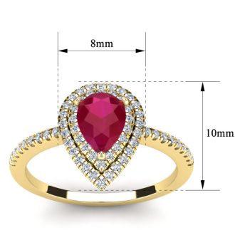 1 Carat Pear Shape Ruby and Double Halo Diamond Ring In 14 Karat Yellow Gold