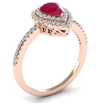 1 Carat Pear Shape Ruby and Double Halo Diamond Ring In 14 Karat Rose Gold