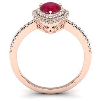 1 Carat Pear Shape Ruby and Double Halo Diamond Ring In 14 Karat Rose Gold