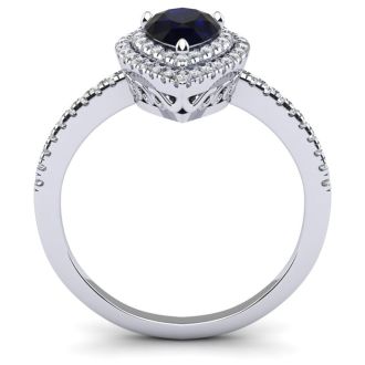 1 Carat Pear Shape Sapphire and Double Halo Diamond Ring In 14 Karat White Gold