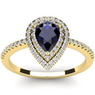 1 Carat Pear Shape Sapphire and Double Halo Diamond Ring In 14 Karat Yellow Gold