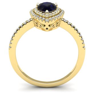 1 Carat Pear Shape Sapphire and Double Halo Diamond Ring In 14 Karat Yellow Gold