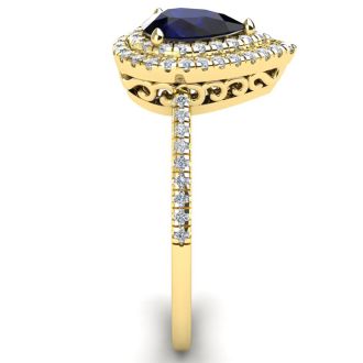 1 Carat Pear Shape Sapphire and Double Halo Diamond Ring In 14 Karat Yellow Gold