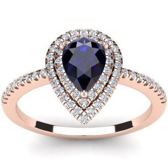 1 Carat Pear Shape Sapphire and Double Halo Diamond Ring In 14 Karat Rose Gold