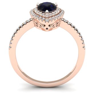 1 Carat Pear Shape Sapphire and Double Halo Diamond Ring In 14 Karat Rose Gold