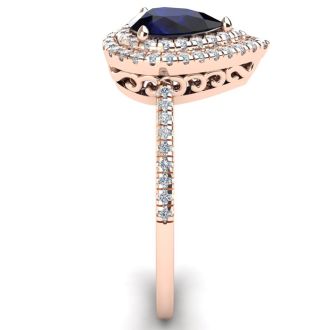 1 Carat Pear Shape Sapphire and Double Halo Diamond Ring In 14 Karat Rose Gold