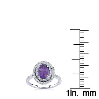 1 1/2 Carat Oval Shape Amethyst and Double Halo Diamond Ring In 14 Karat White Gold