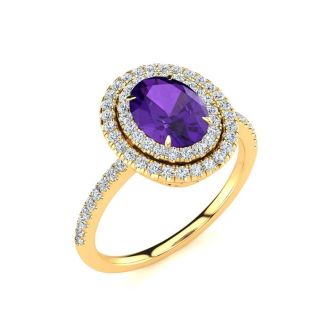 1 1/2 Carat Oval Shape Amethyst and Double Halo Diamond Ring In 14 Karat Yellow Gold