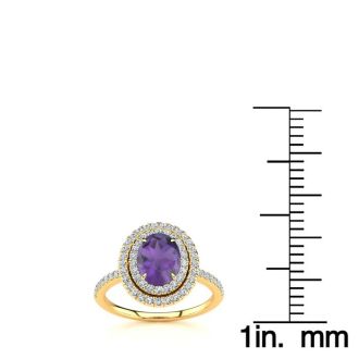 1 1/2 Carat Oval Shape Amethyst and Double Halo Diamond Ring In 14 Karat Yellow Gold