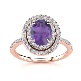 1 1/2 Carat Oval Shape Amethyst and Double Halo Diamond Ring In 14 Karat Rose Gold