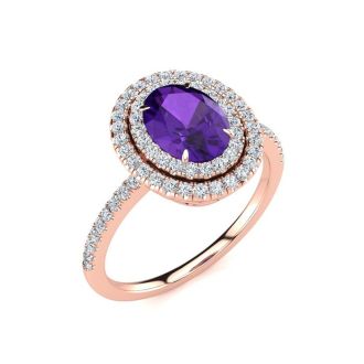 1 1/2 Carat Oval Shape Amethyst and Double Halo Diamond Ring In 14 Karat Rose Gold