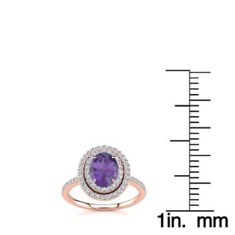 1 1/2 Carat Oval Shape Amethyst and Double Halo Diamond Ring In 14 Karat Rose Gold