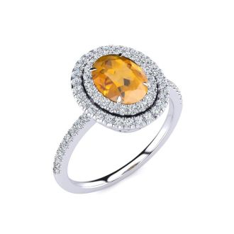 1 1/2 Carat Oval Shape Citrine and Double Halo Diamond Ring In 14 Karat White Gold