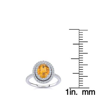 1 1/2 Carat Oval Shape Citrine and Double Halo Diamond Ring In 14 Karat White Gold