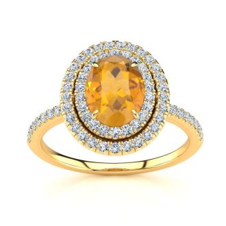 1 1/2 Carat Oval Shape Citrine and Double Halo Diamond Ring In 14 Karat Yellow Gold