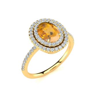 1 1/2 Carat Oval Shape Citrine and Double Halo Diamond Ring In 14 Karat Yellow Gold