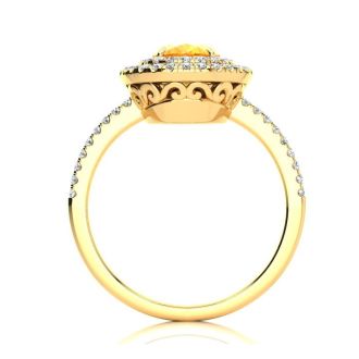 1 1/2 Carat Oval Shape Citrine and Double Halo Diamond Ring In 14 Karat Yellow Gold