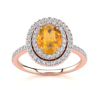 1 1/2 Carat Oval Shape Citrine and Double Halo Diamond Ring In 14 Karat Rose Gold