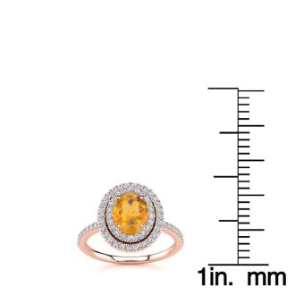 1 1/2 Carat Oval Shape Citrine and Double Halo Diamond Ring In 14 Karat Rose Gold