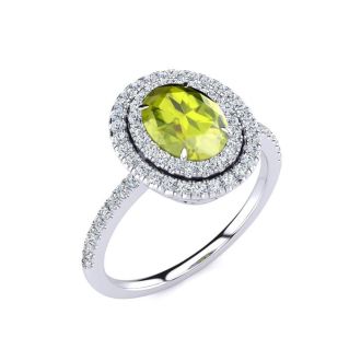 1 3/4 Carat Oval Shape Peridot and Double Halo Diamond Ring In 14 Karat White Gold