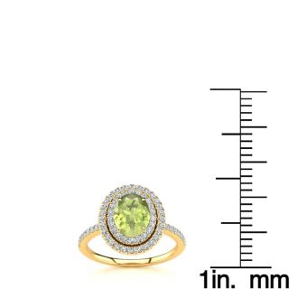 1 3/4 Carat Oval Shape Peridot and Double Halo Diamond Ring In 14 Karat Yellow Gold