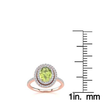 1 3/4 Carat Oval Shape Peridot and Double Halo Diamond Ring In 14 Karat Rose Gold