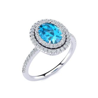 1 3/4 Carat Oval Shape Blue Topaz and Double Halo Diamond Ring In 14 Karat White Gold