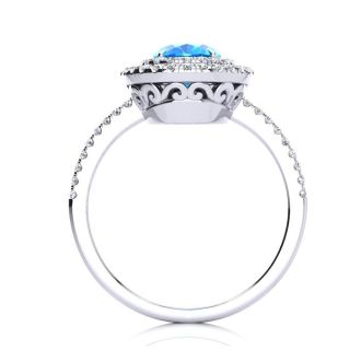 1 3/4 Carat Oval Shape Blue Topaz and Double Halo Diamond Ring In 14 Karat White Gold