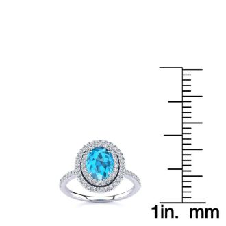 1 3/4 Carat Oval Shape Blue Topaz and Double Halo Diamond Ring In 14 Karat White Gold