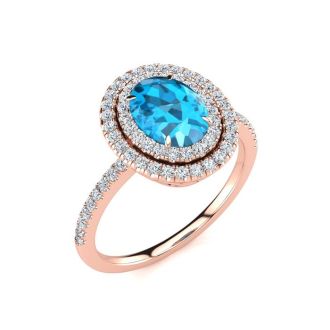 1 3/4 Carat Oval Shape Blue Topaz and Double Halo Diamond Ring In 14 Karat Rose Gold