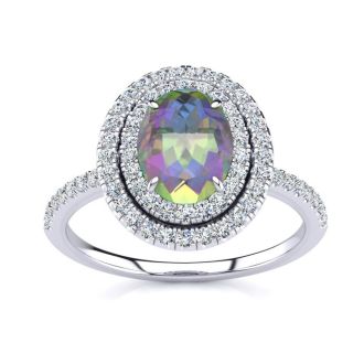 1-3/4 Carat Oval Shape Mystic Topaz Ring With Double Diamond Halo In 14 Karat White Gold