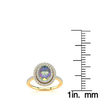 1-3/4 Carat Oval Shape Mystic Topaz Ring With Double Diamond Halo In 14 Karat Yellow Gold