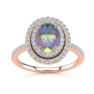 1 3/4 Carat Oval Shape Mystic Topaz and Double Halo Diamond Ring In 14 Karat Rose Gold