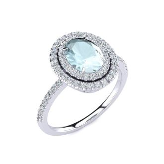 Aquamarine Ring: Aquamarine Jewelry: 1 1/2 Carat Oval Shape Aquamarine and Double Halo Diamond Ring In 14 Karat White Gold