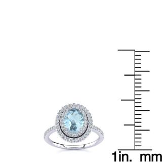 Aquamarine Ring: Aquamarine Jewelry: 1 1/2 Carat Oval Shape Aquamarine and Double Halo Diamond Ring In 14 Karat White Gold