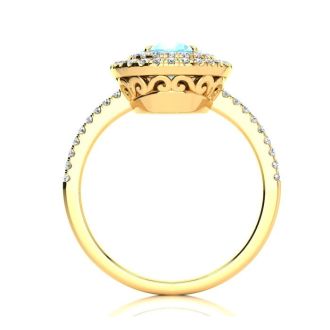 Aquamarine Ring: Aquamarine Jewelry: 1 1/2 Carat Oval Shape Aquamarine and Double Halo Diamond Ring In 14 Karat Yellow Gold