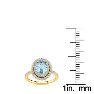Aquamarine Ring: Aquamarine Jewelry: 1 1/2 Carat Oval Shape Aquamarine and Double Halo Diamond Ring In 14 Karat Yellow Gold