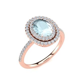 Aquamarine Ring: Aquamarine Jewelry: 1 1/2 Carat Oval Shape Aquamarine and Double Halo Diamond Ring In 14 Karat Rose Gold