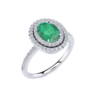 1 1/2 Carat Oval Shape Emerald and Double Halo Diamond Ring In 14 Karat White Gold