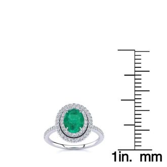 1 1/2 Carat Oval Shape Emerald and Double Halo Diamond Ring In 14 Karat White Gold