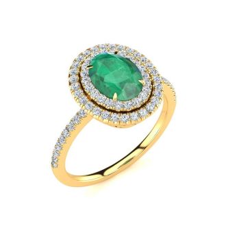 1 1/2 Carat Oval Shape Emerald and Double Halo Diamond Ring In 14 Karat Yellow Gold