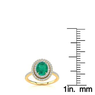 1 1/2 Carat Oval Shape Emerald and Double Halo Diamond Ring In 14 Karat Yellow Gold